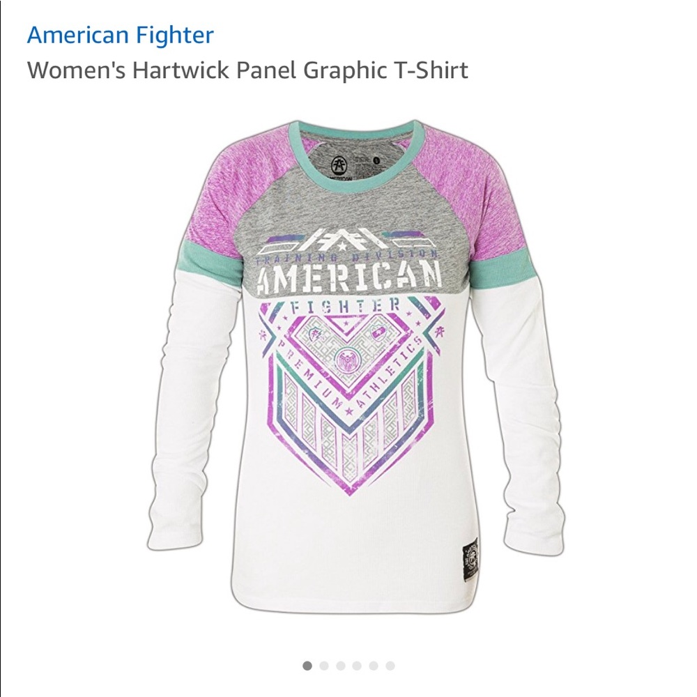 L/S American Fighter shirt. White purple & teal.